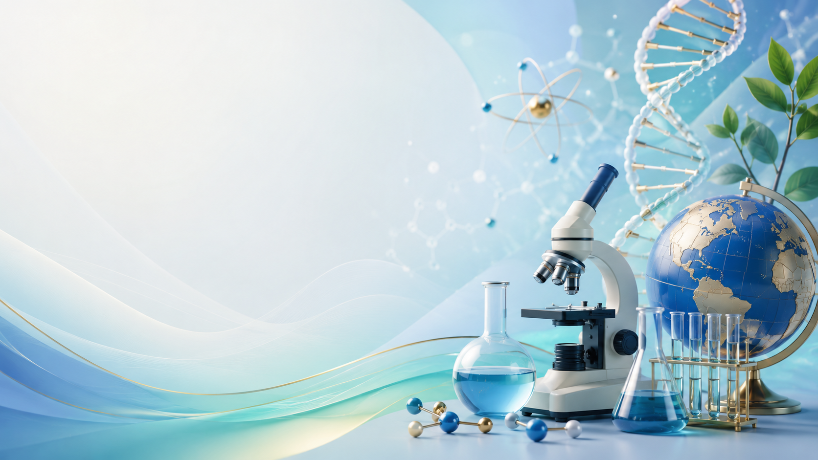Microscope, laboratory glassware, globe, DNA and science models